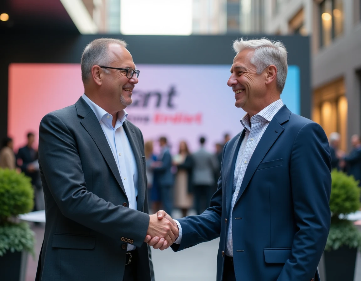 Deux dirigeants scellant un accord de partenariat sponsoring lors d'un événement d'entreprise avec déductions fiscales à la clé