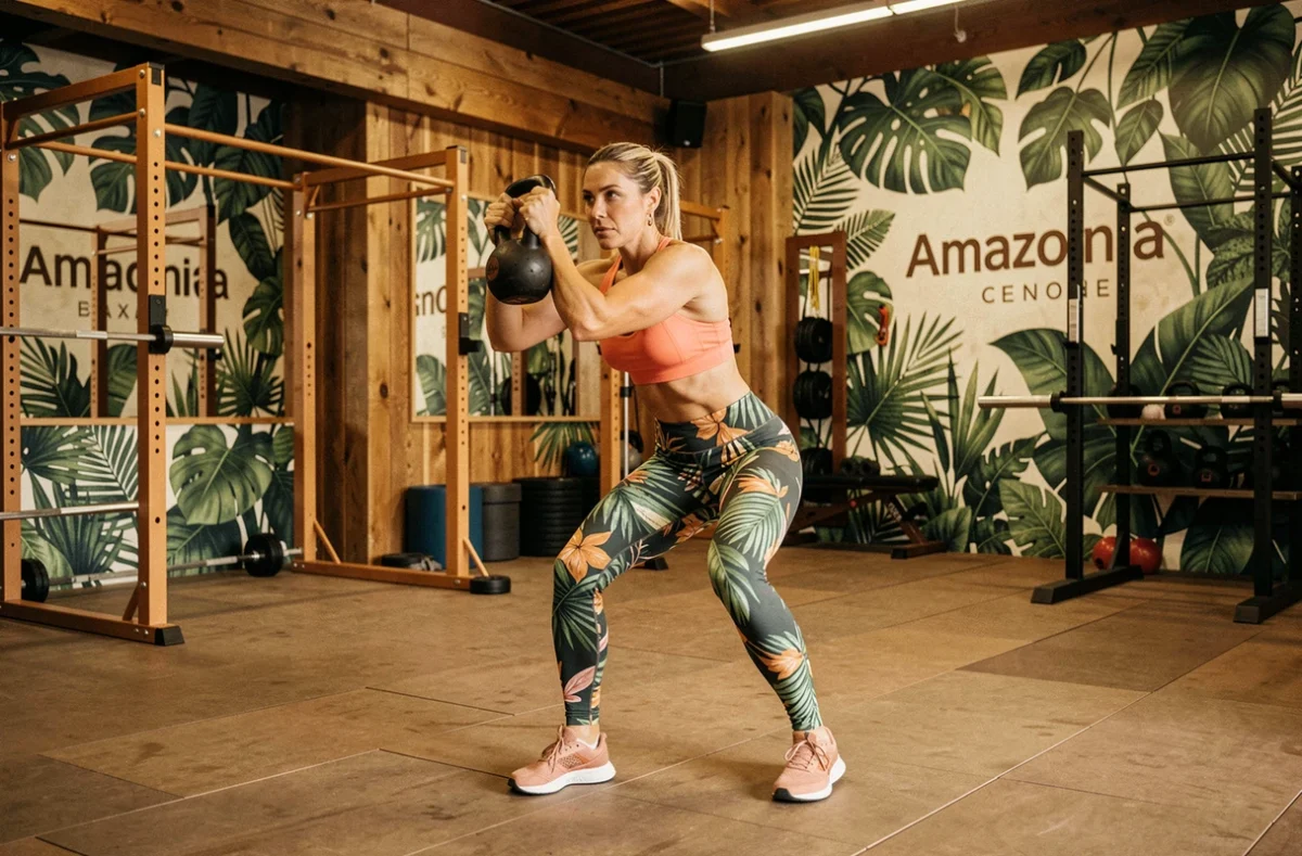 Femme réalisant un swing avec kettlebell dans l'espace de training fonctionnel de l'Amazonia Rennes