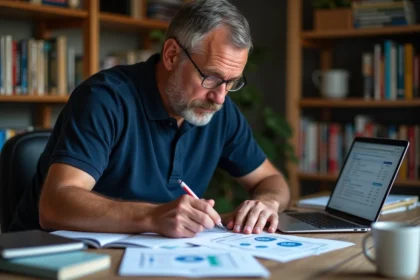 Un homme analyse attentivement le classement A League 2026 sur des documents imprimés dans un bureau à domicile