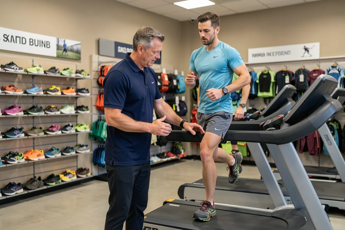 Spécialiste en magasin analysant la posture d'un coureur de trail pour prévenir les blessures