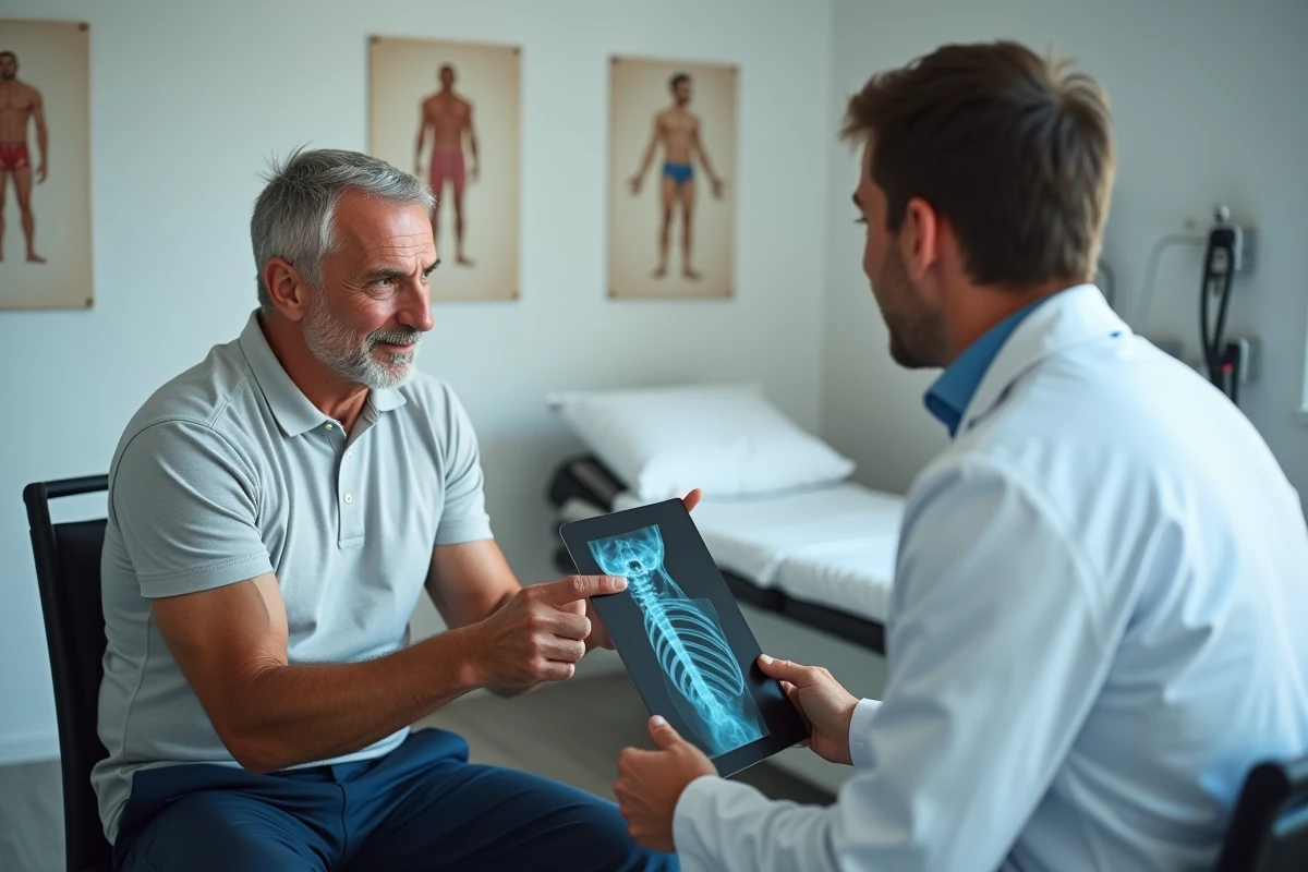 Ancien joueur de rugby en consultation médicale avec un kinésithérapeute, examinant une radiographie de son épaule blessée