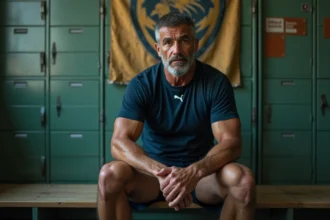 Ancien joueur de rugby français assis dans un vestiaire avec une cicatrice au genou, regard contemplatif et mélancolique