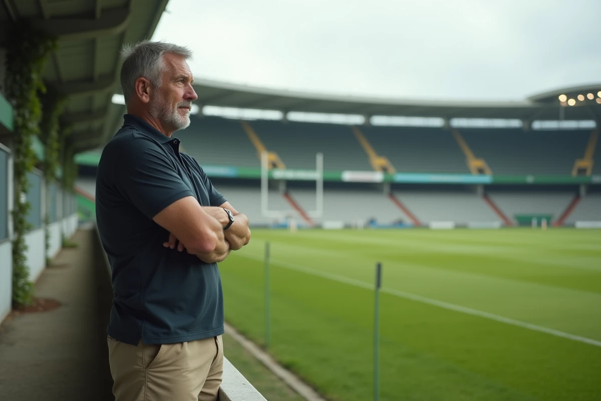 Ancien rugbyman français en retrait sur le bord d'un terrain d'entraînement, les bras croisés, regardant la pelouse avec nostalgie