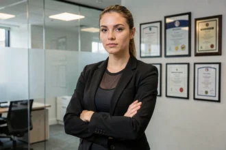 Athlète professionnelle confiante en blazer noir dans un bureau de management sportif, symbolisant contrats et carrière WWE
