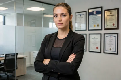 Athlète professionnelle confiante en blazer noir dans un bureau de management sportif, symbolisant contrats et carrière WWE