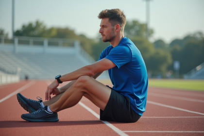 Jeune homme sportif s'étirant sur la piste d'athlétisme