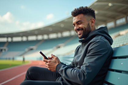 Athlète confiant sur un banc de stade avec téléphone