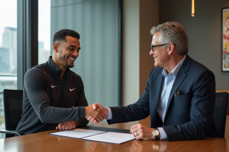 Athlète confiant signant un contrat dans un bureau moderne