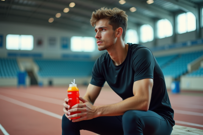 Jeune athlète assis sur un banc avec bouteille sportive