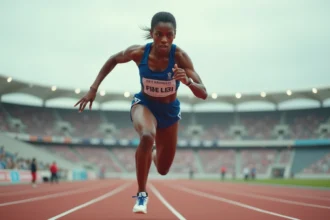 Athlète française franchissant une haie sur piste d'athlétisme en tenue nationale bleue et blanche, angle bas dynamique