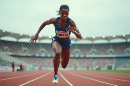 Athlète française franchissant une haie sur piste d'athlétisme en tenue nationale bleue et blanche, angle bas dynamique