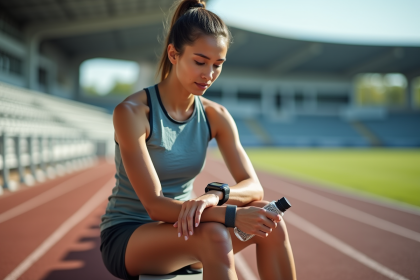 Jeune athlète femme vérifiant son application d'hydratation