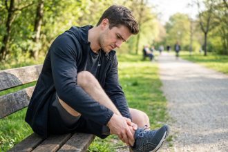 Jeune homme en course assis sur un banc dans un parc