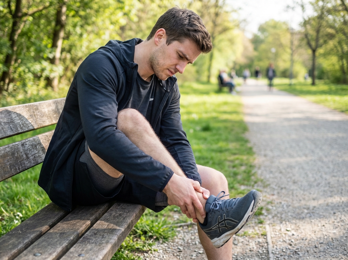 Jeune homme en course assis sur un banc dans un parc