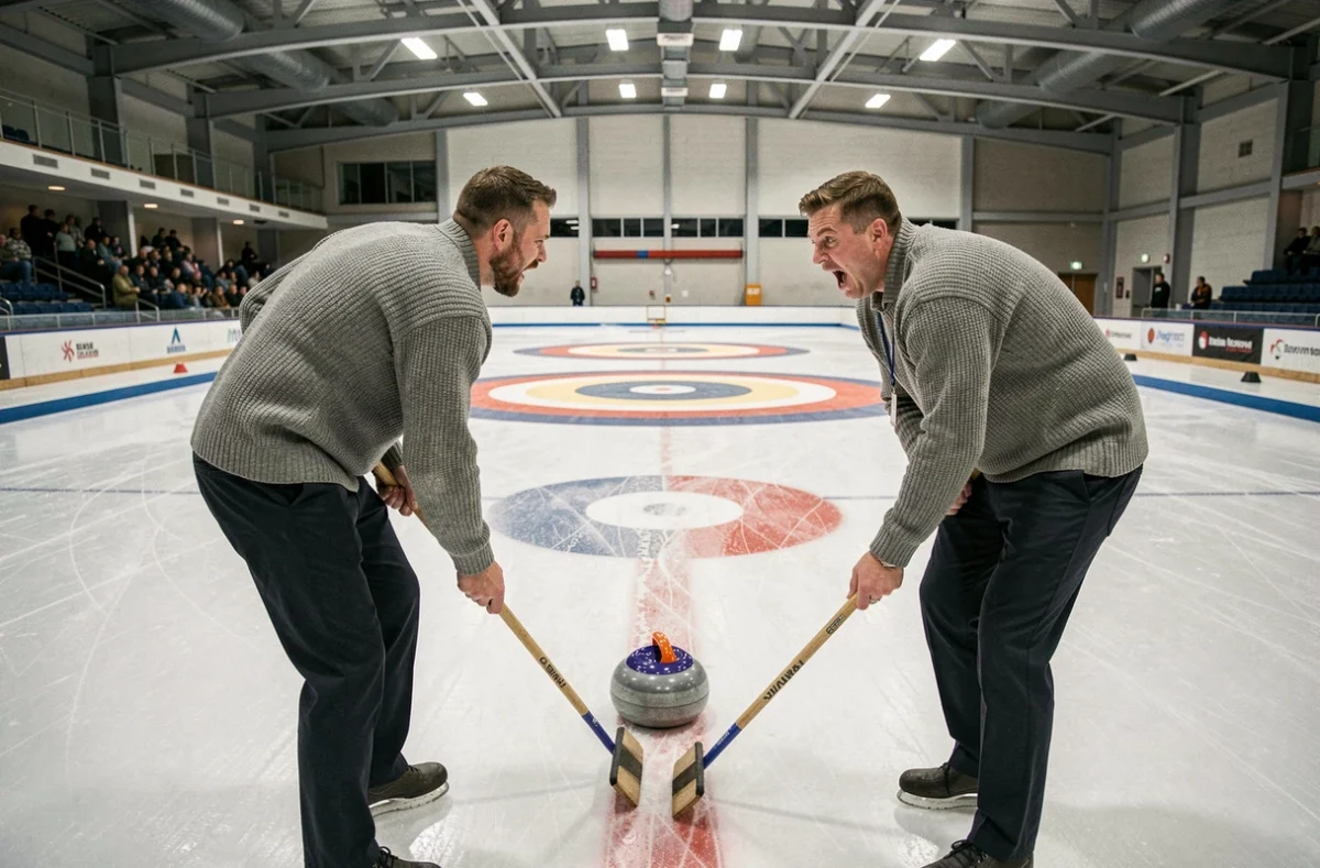 Deux joueurs de curling balayant énergiquement la glace devant une pierre en mouvement pour guider sa trajectoire