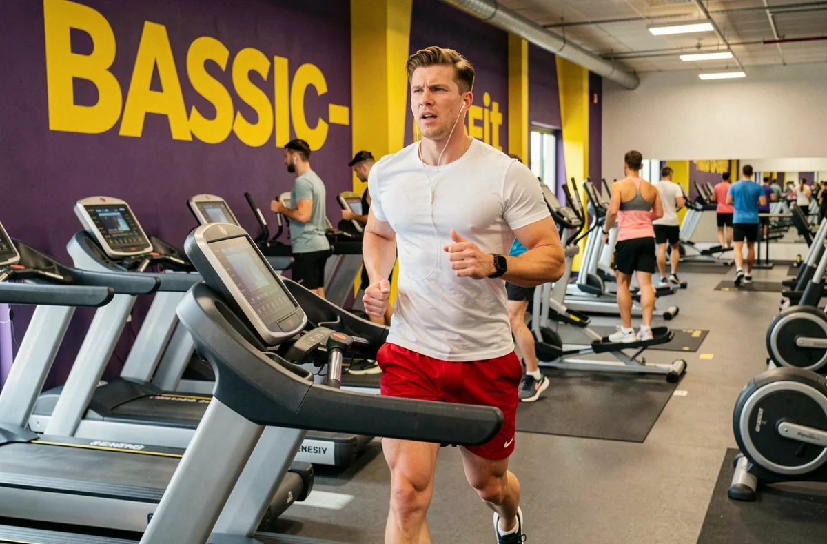 Homme courant sur un tapis de course dans la salle Basic-Fit Rennes avec l'identité visuelle violette de la marque