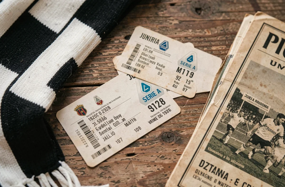 Billets officiels de match de la Juventus pour la Serie A 2026 disposés avec une écharpe du club sur une surface en bois