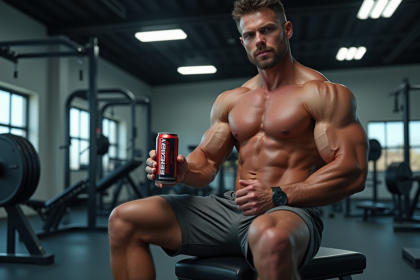 Muscleur assis sur un banc de gym avec boisson energisante