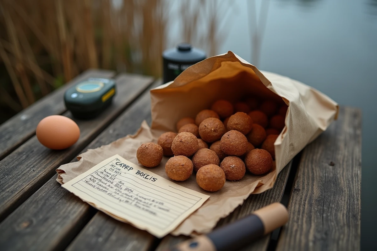 Bouillettes carpe artisanales bon marché étalées sur une table en bois au bord de la rivière avec ingrédients simples