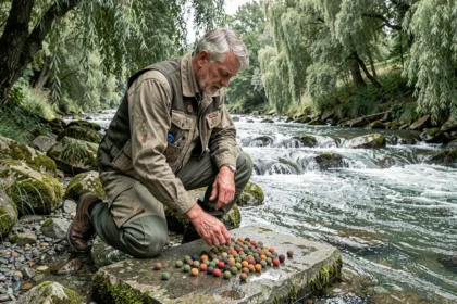 Pêcheur de carpe préparant des bouillettes variées au bord d'une rivière rapide et pierreuse
