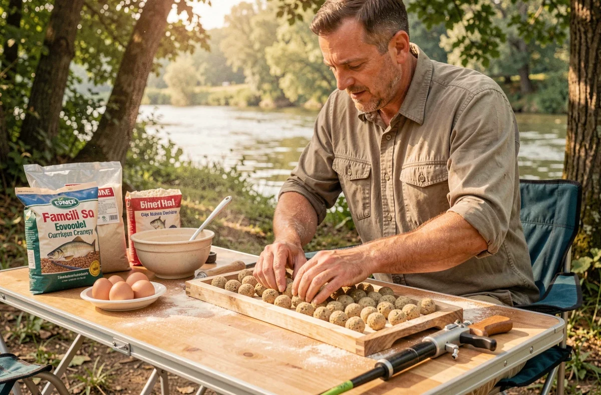 Pêcheur confectionnant des bouillettes maison à base de semoule et farine de poisson sur une table de roulage installée en bord de rivière