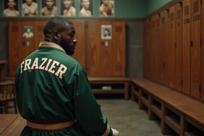 Boxeur Frazier assis dans une salle de boxe vintage