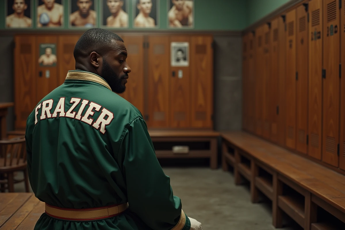 Boxeur Frazier assis dans une salle de boxe vintage