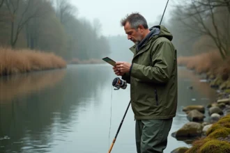 Pêcheur tenant sa carte de pêche au bord d'une rivière française au printemps