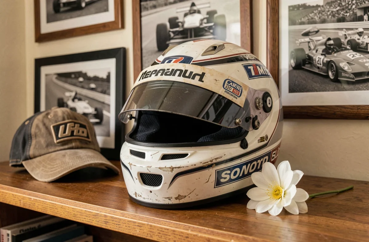 Casque de pilote de Formule 1 posé en hommage sur une étagère entourée de photographies et d'une fleur blanche
