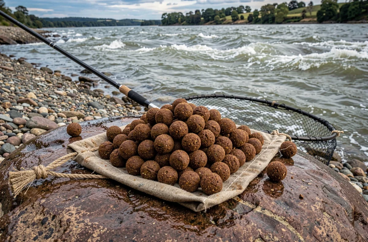 Bouillettes CC Moore Pacific Tuna haute densité brun foncé entassées sur une sangle de pesée posée sur un rocher au bord d'un grand cours d'eau puissant