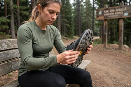 Femme examinant la semelle de sa chaussure de trail sur un banc en forêt pour prévenir les blessures