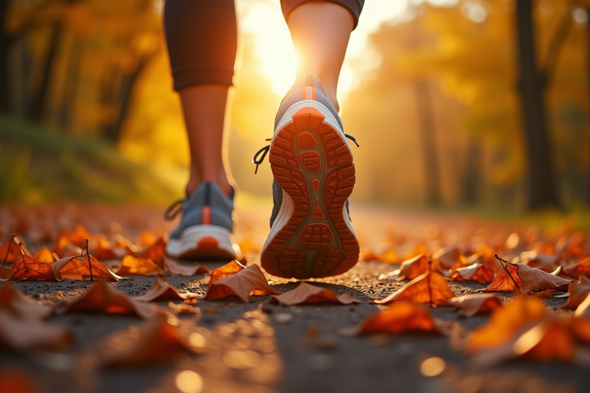 Chaussures de course sur un sentier automnal en mouvement
