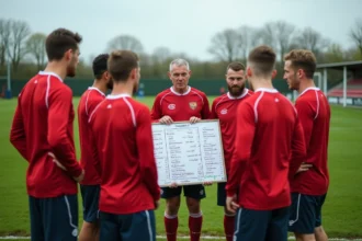 Joueurs de football amateur de Bergerac réunis autour d'un tableau tactique avec classement lors d'un entraînement sur pelouse naturelle