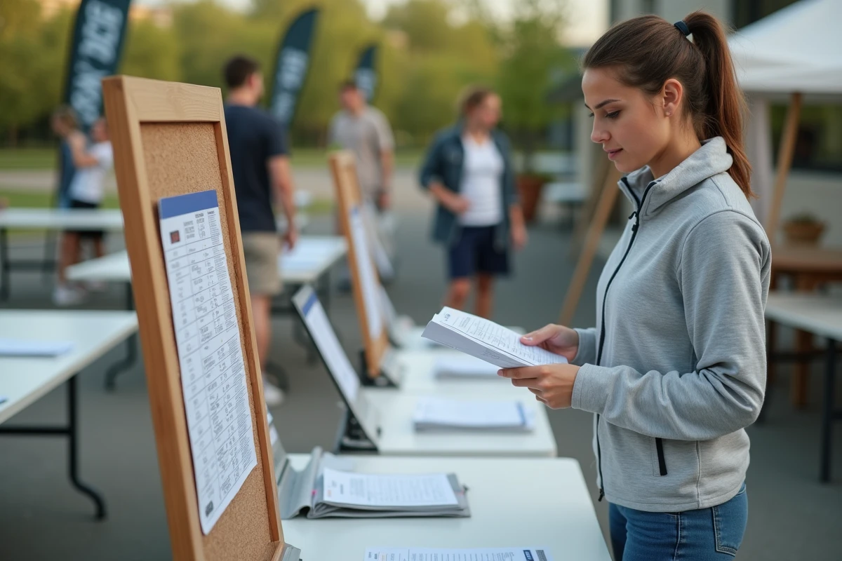 Joueuse consultant le classement des points P100 affichés lors d'un tournoi amateur en plein air