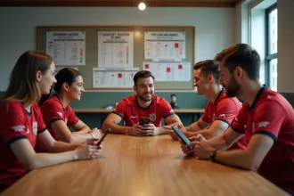 Groupe de membres d'un club de sport amateur avec smartphones