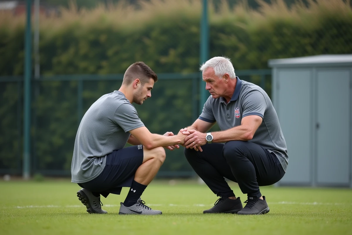Entraîneur du Sporting Club Aubagne Air Bel corrigeant la posture d'un athlète pendant un exercice d'étirement sur le terrain
