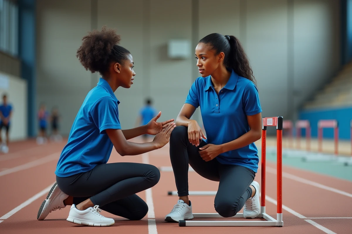 Entraîneuse d'athlétisme française expliquant une technique de haies à une jeune sprinteuse dans une salle d'entraînement