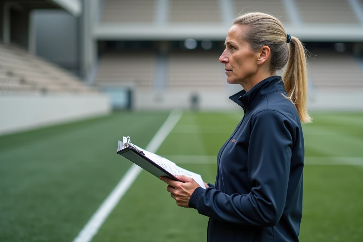 Entraineure de rugby analysant la tactique sur le terrain