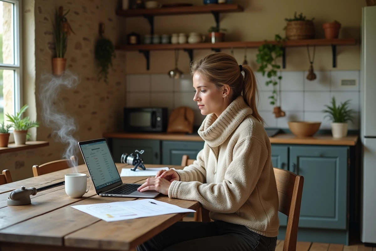 Femme comparant le prix du permis de pêche 2026 sur ordinateur avec des documents administratifs posés sur une table en bois