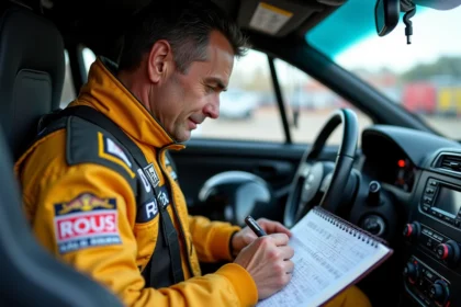 Co-pilote de rallye régional consultant un calendrier de course dans l'habitacle d'une voiture de rallye