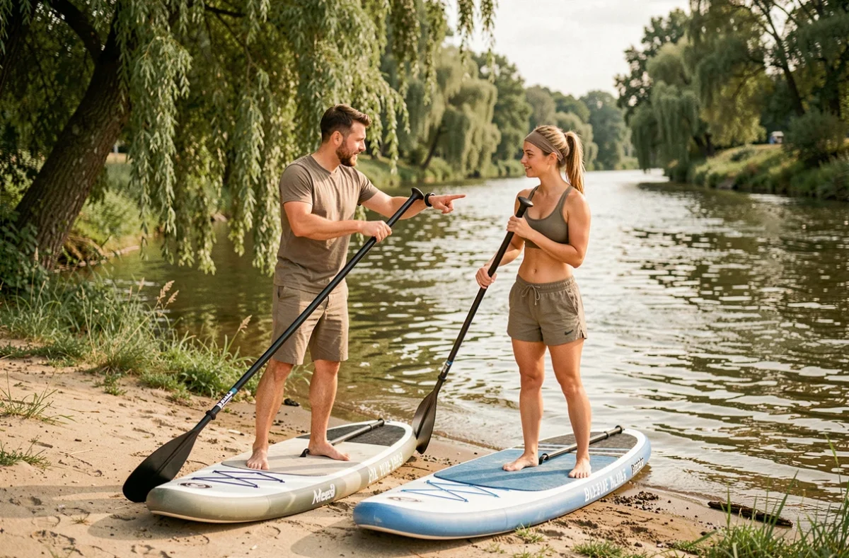 Deux pratiquants de stand-up paddle au bord d'une rivière, l'un corrigeant la technique de pagaie de l'autre, conseils pour éviter les erreurs en SUP
