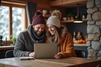 Couple souriant dans un chalet d'hiver cosy
