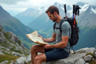 Coureur trail expérimenté étudiant une carte topographique avant l'inscription à la Diagonale des Fous 2026, assis sur un rocher en montagne