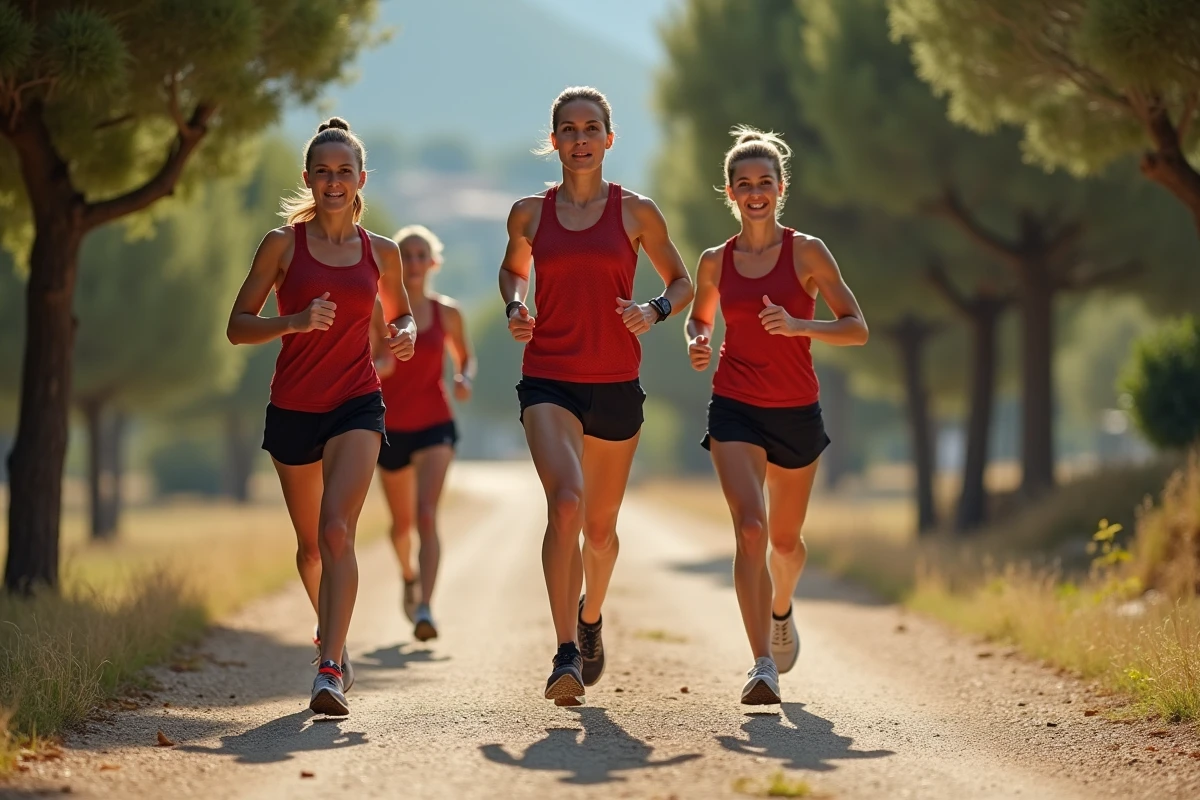 Quatre coureuses du Sporting Club Aubagne Air Bel en pleine séance de course en progression sur le sentier autour du complexe sportif