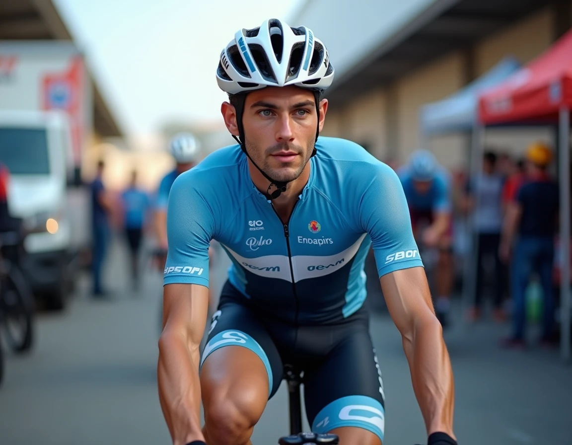 Cycliste pro scandinave concentré dans la zone d'échauffement avant le départ d'une étape d'un grand tour cycliste