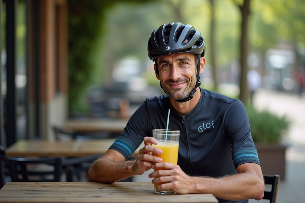Cycliste se reposant après entraînement au café extérieur