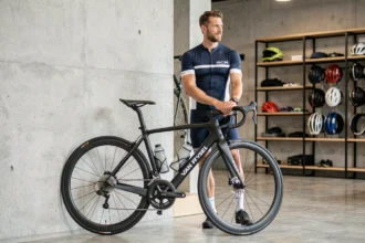 Cycliste en tenue Van Rysel RCR posant à côté d'un vélo de route carbone dans un studio urbain