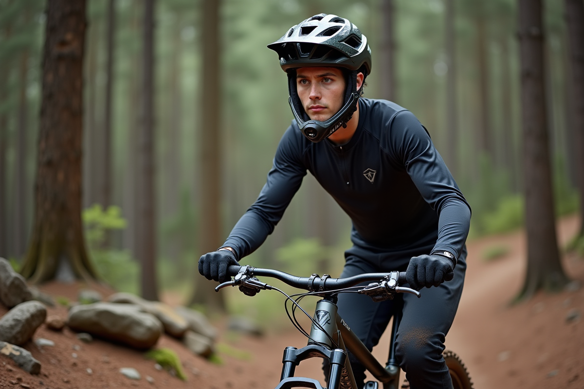 Jeune homme en VTT dans la forêt en pleine action