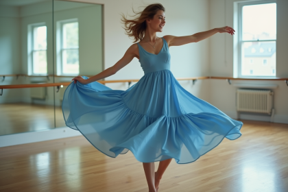 Jeune femme en robe bleue en pleine danse contemporaine