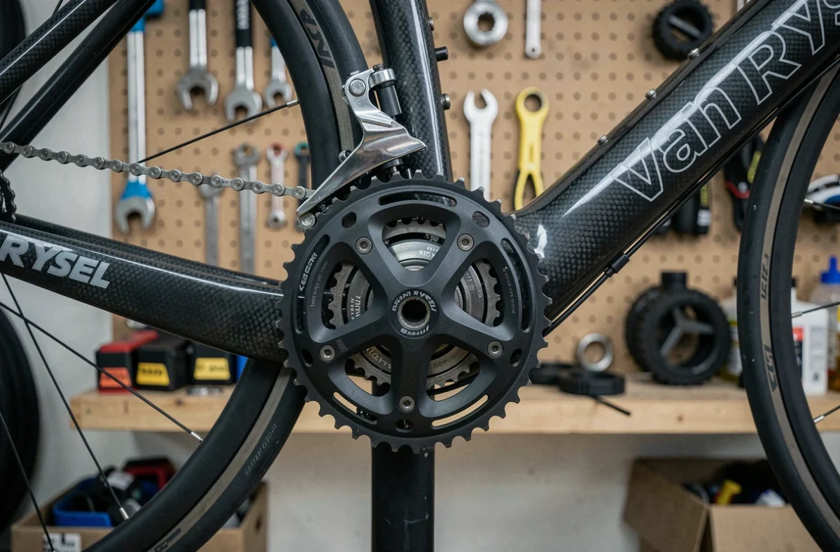 Gros plan sur le cadre carbone et le dérailleur d'un vélo Van Rysel RCR dans un atelier de vélo organisé